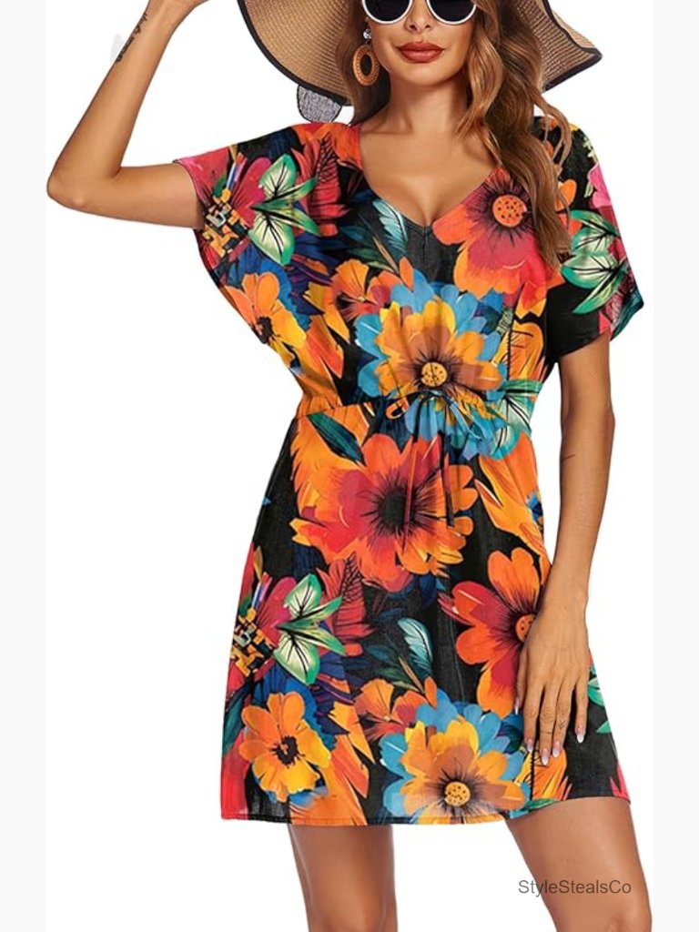 Short Sleeve V-Neck Swimsuit Cover Up Beach Dress Loose Fit